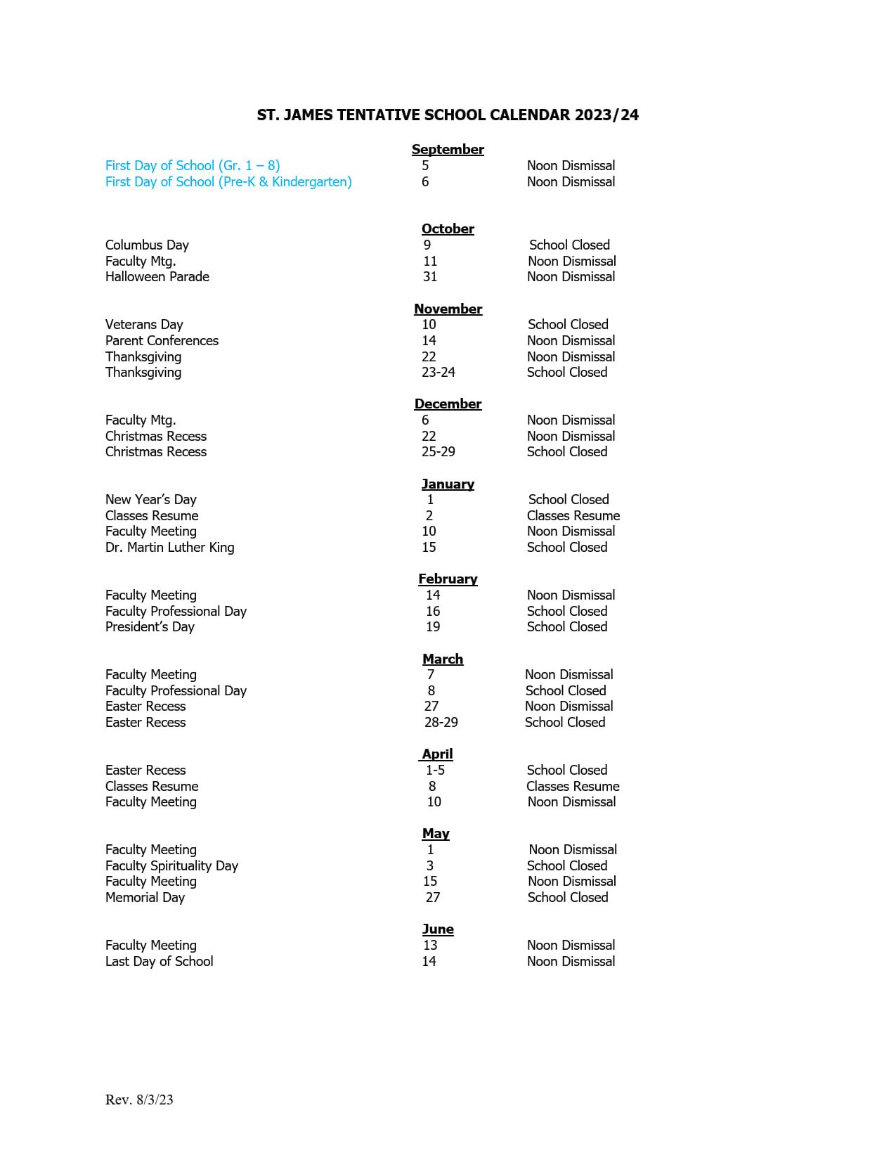 Yearly School Calendar St. James School Woodbridge, NJ